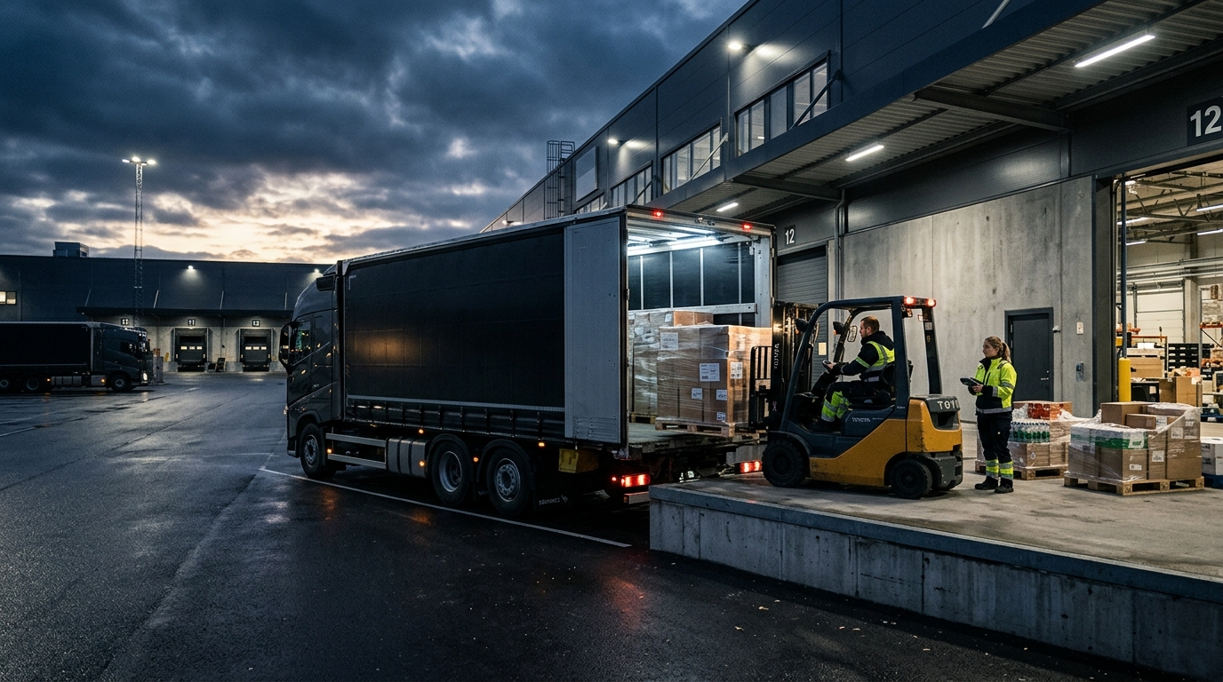 Lastbil lastas med pallgods av truck vid lastkaj, kvällsbelysning