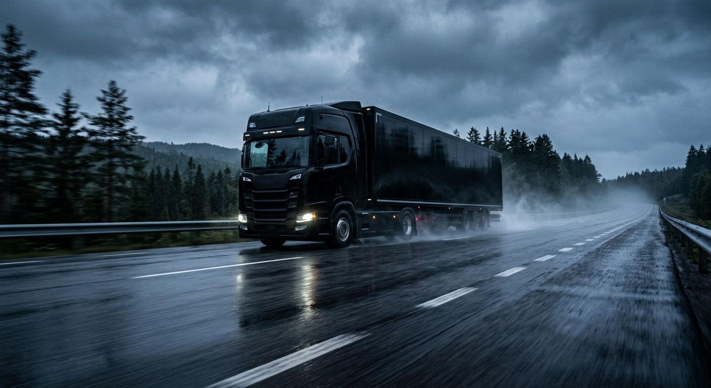 Lastbil i hög fart på våt motorväg genom skog, i skymning