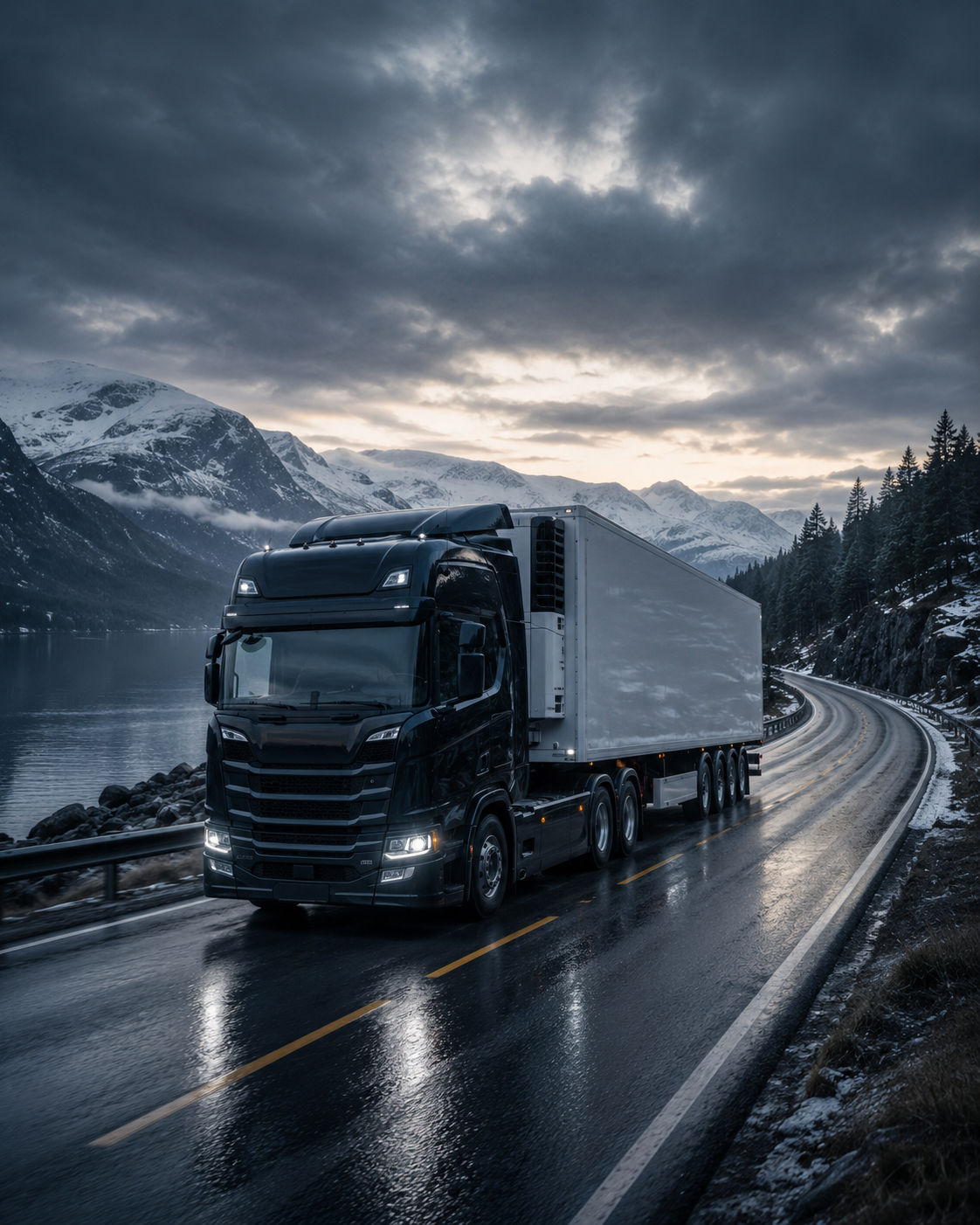 Lastbil med kyltrailer på väg genom snöigt fjällandskap vid vatten